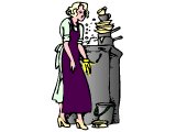 Woman looking fed-up next to a pile of washing up